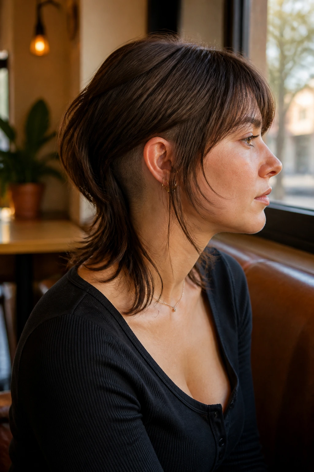 Close-up of a real woman with a hidden undercut shag hairstyle, hair covering the nape undercut.