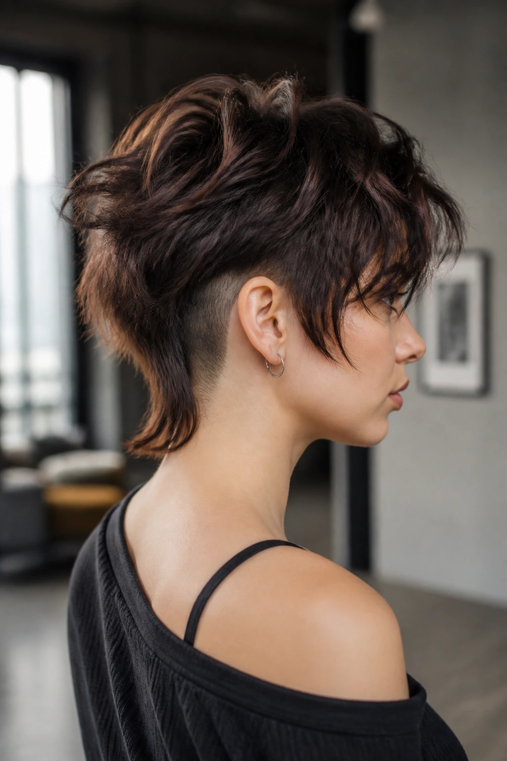 Profile portrait of a real person with undercut shag at the nape