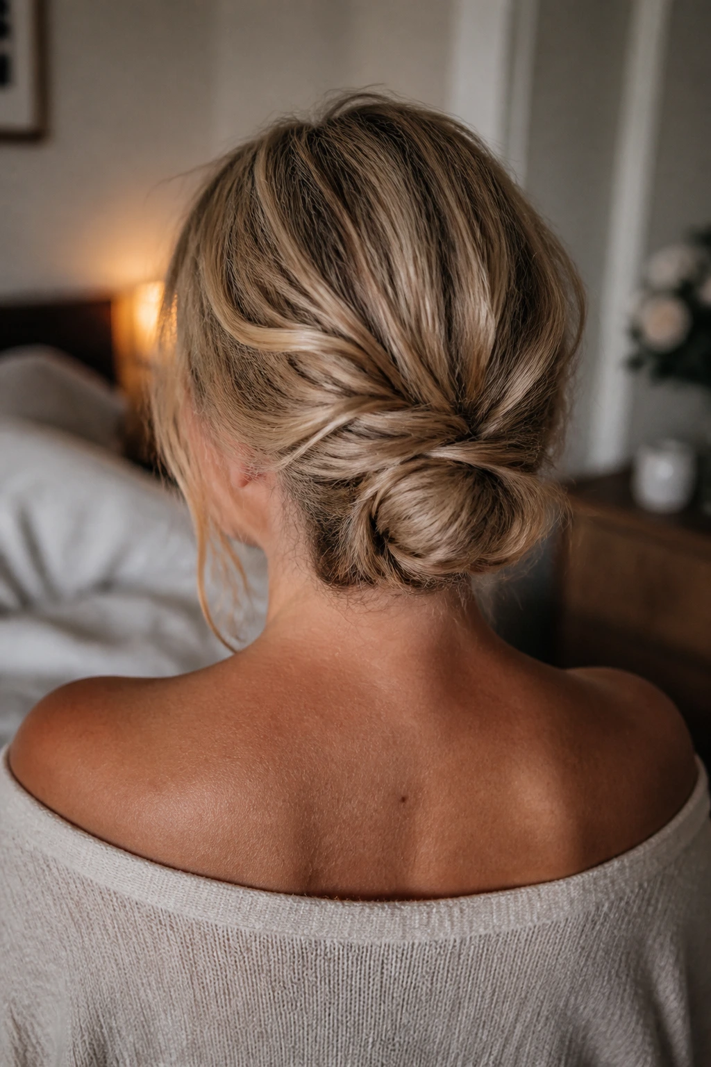Back view of a woman with an undone low chignon