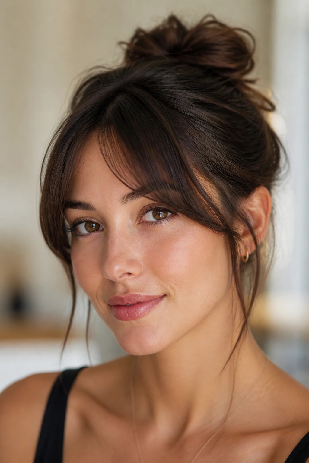 Close-up of a real person with updo-friendly bangs and tendrils framing the face