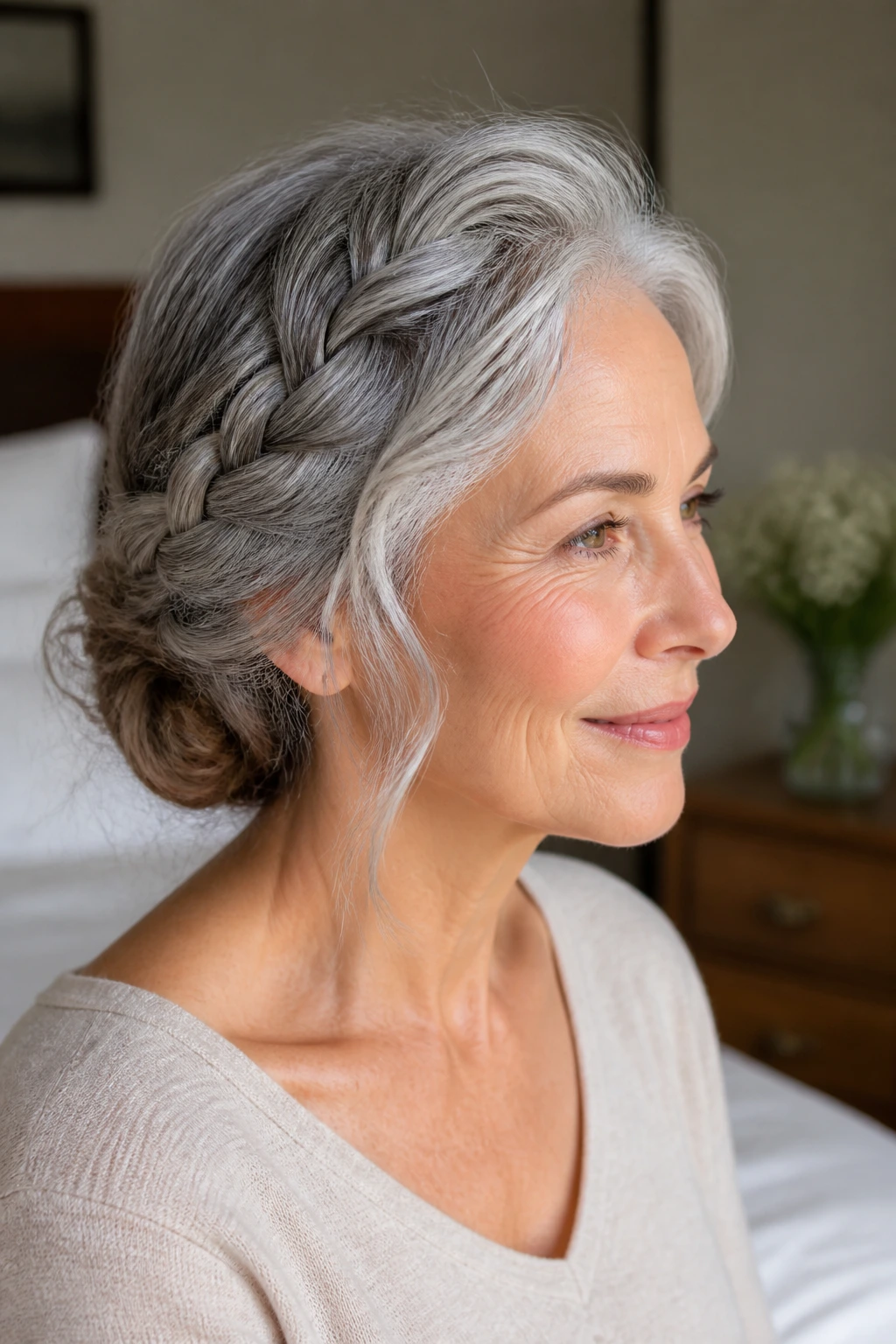 Real woman with soft updo and braided detail in natural daylight