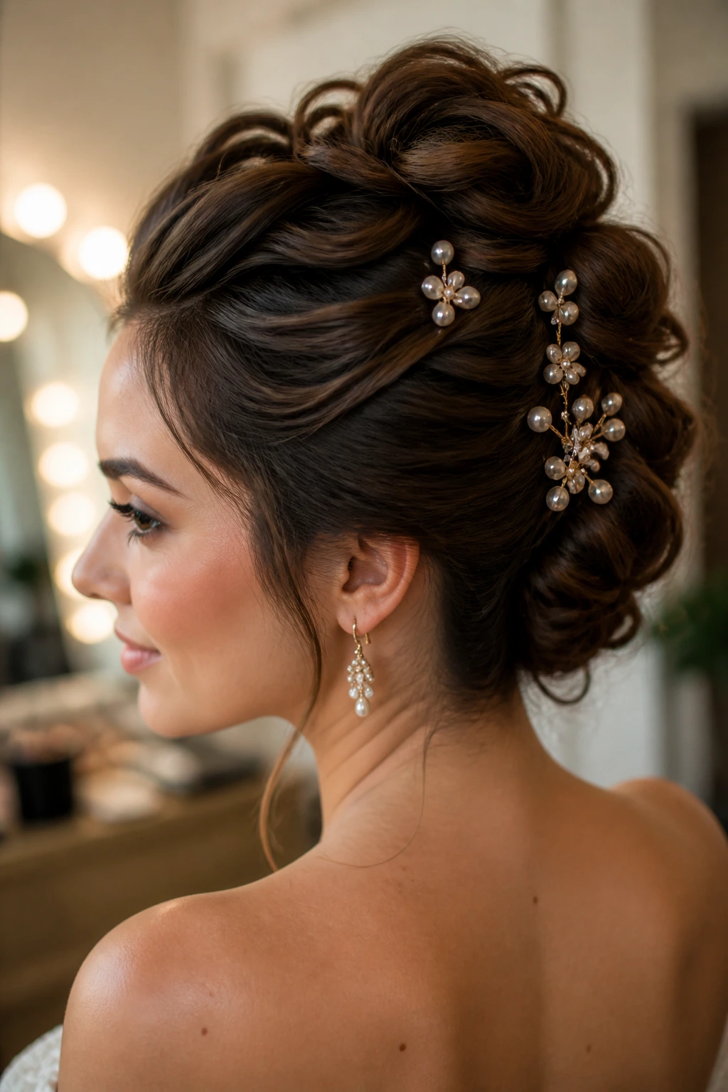 Close-up of a woman with an elegant updo pinned with decorative pins