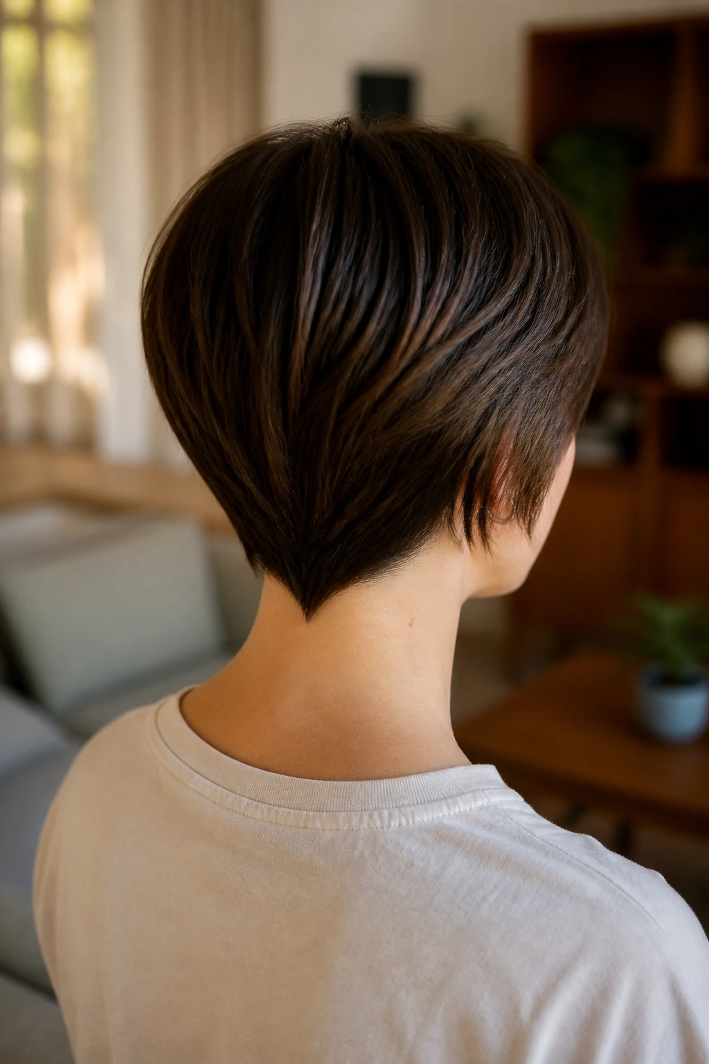 Back view of a real person showing a crisp V-shaped back cut