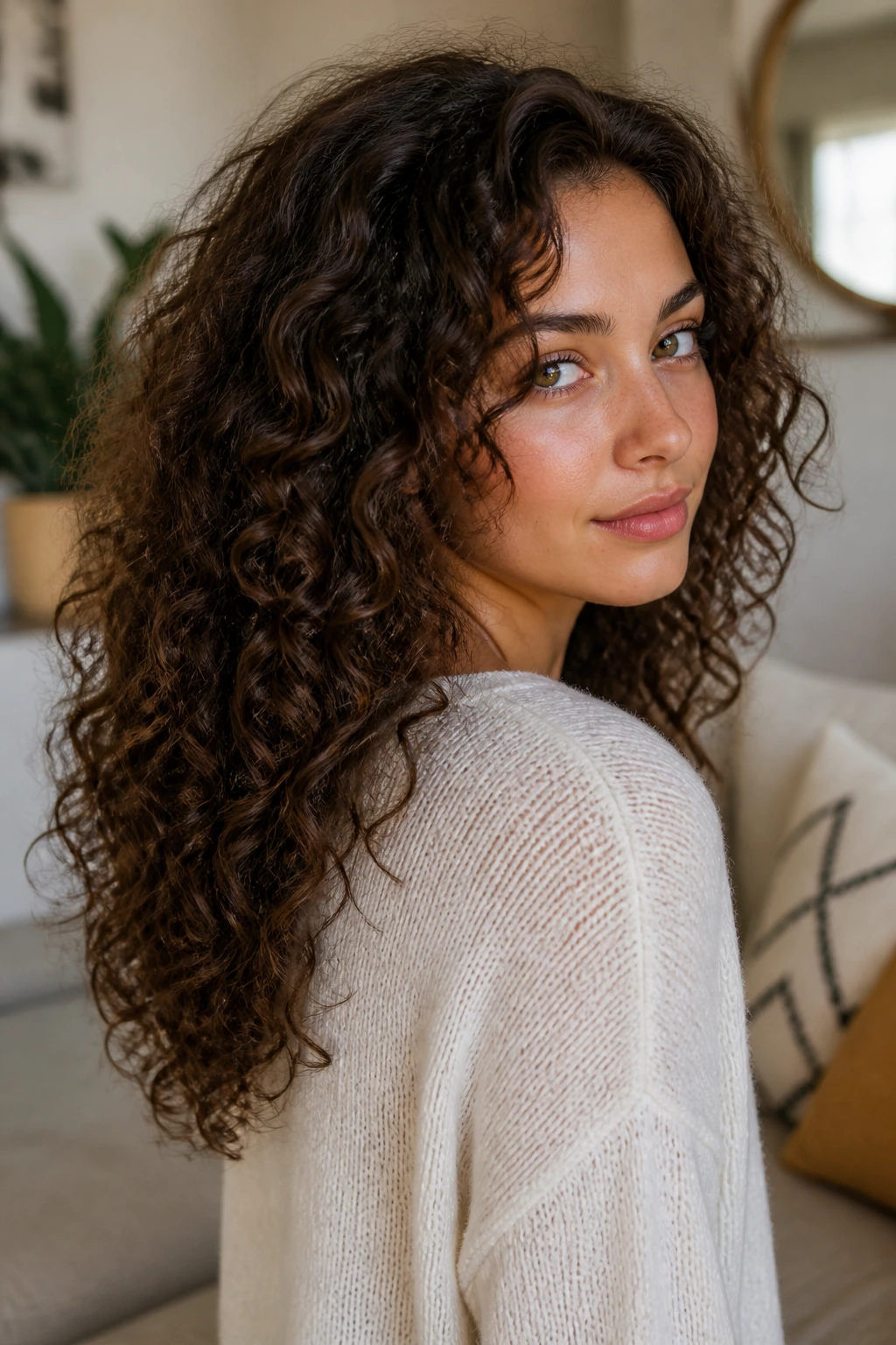 Three-quarter view of a real person with V-shaped curly back layers