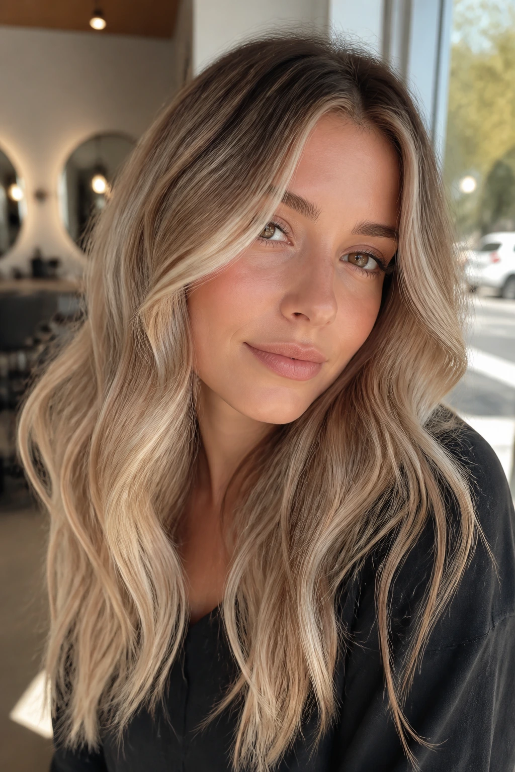 Close-up of a real woman with Vanilla Chai Blonde hair in natural light