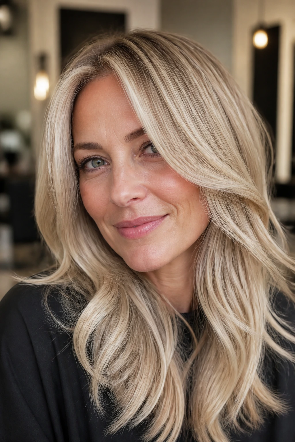 Close-up of a real woman with creamy vanilla-toned hair and soft root melt in warm window light