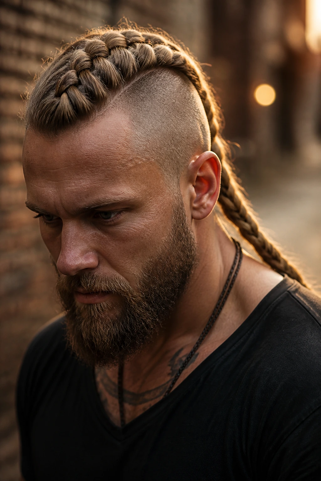 Portrait of a man with shaved sides and a long braid in an urban setting
