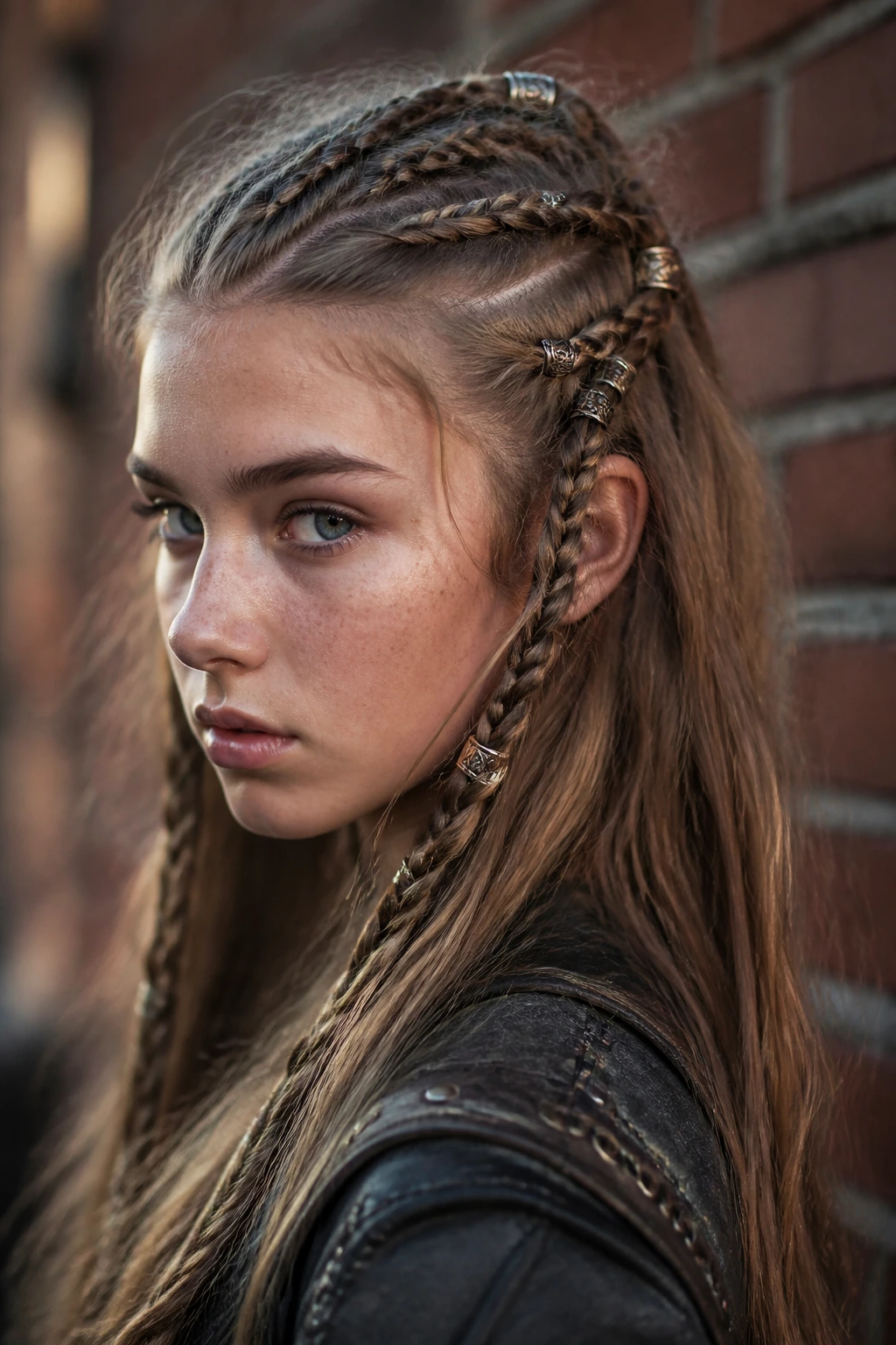 Teen girl with Viking-inspired braided half-up hairstyle.