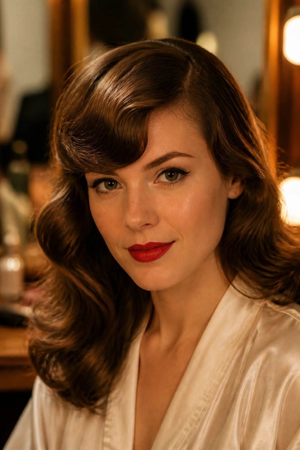 Close-up of a woman with vintage soft wave fringe under warm backstage lighting
