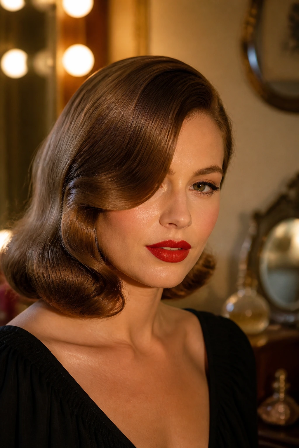 Close-up of real woman with vintage Hollywood sweep hairstyle featuring a glossy side-swept wave.