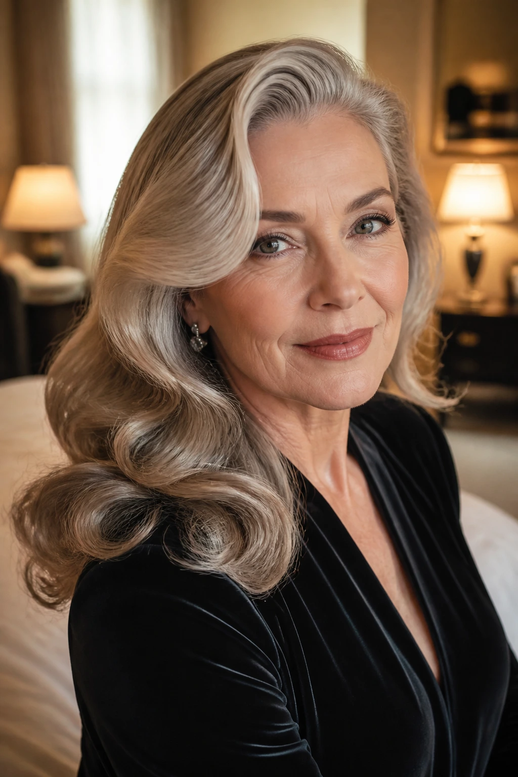 Close-up portrait of a woman with vintage Hollywood waves in warm light
