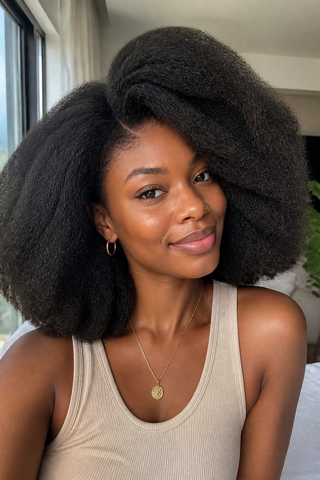 Close-up of a real person with a voluminous heatless blowout