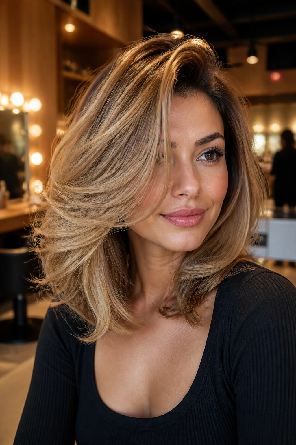 Portrait of real person with voluminous blowout bangs swept into a C-shape