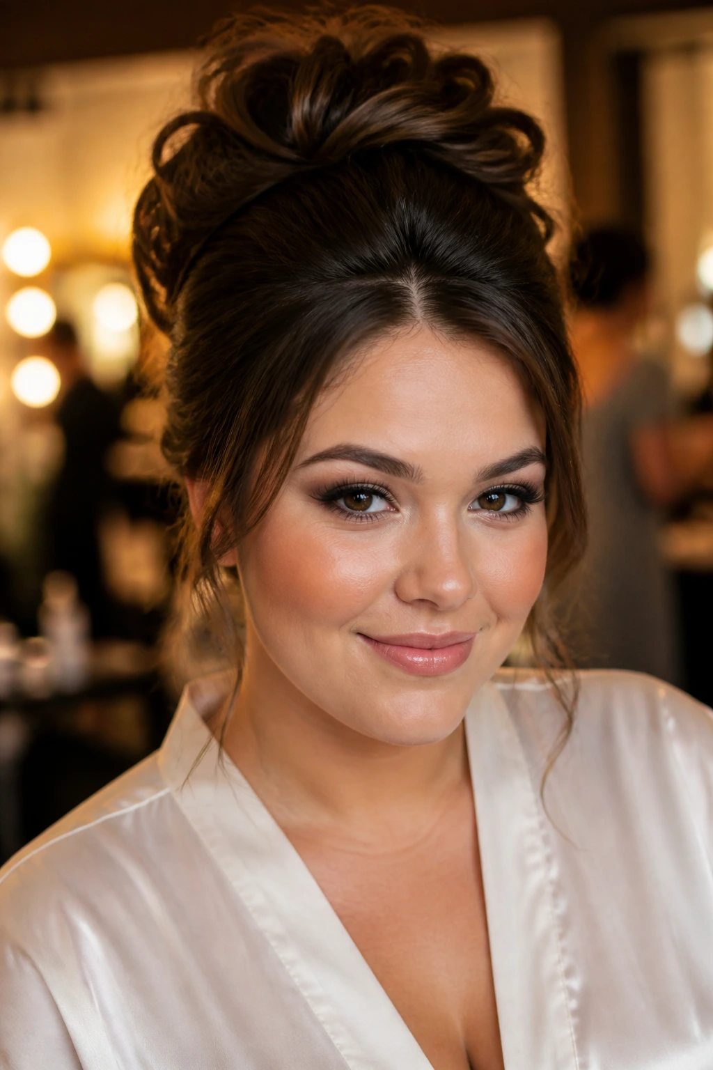 Voluminous updo close-up portrait of a real woman with teased crown