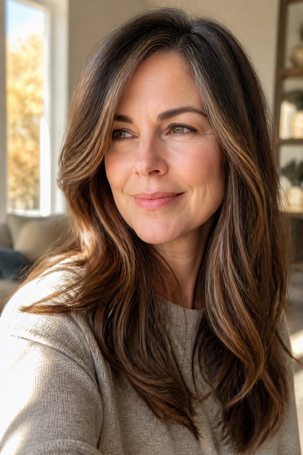Portrait of woman with warm chestnut depth lowlights