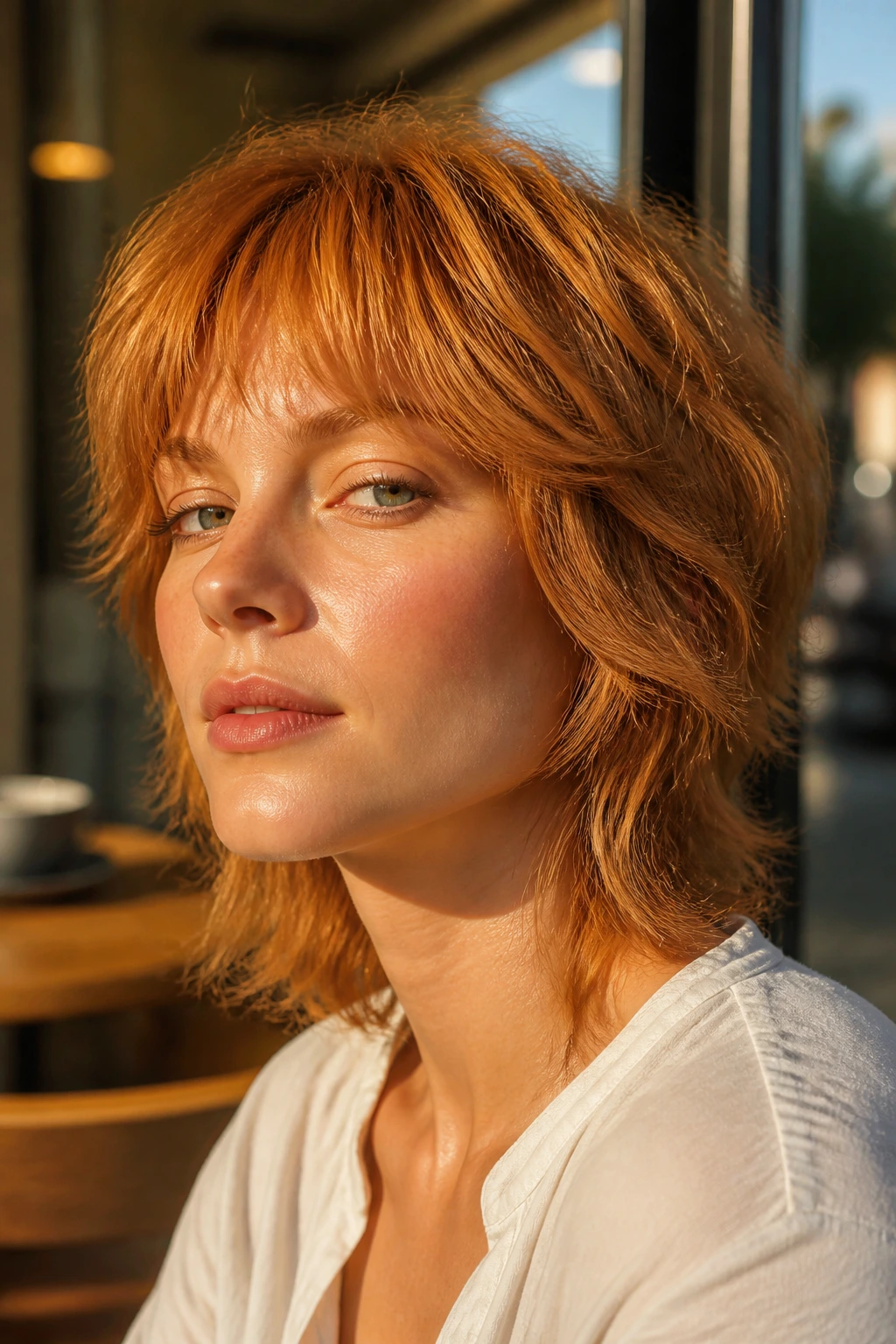 Close-up of real person with warm ginger short wolf cut in golden hour light