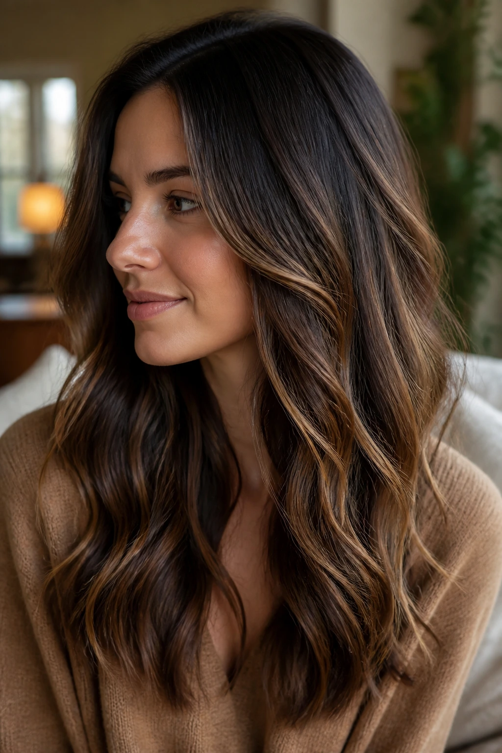 Close-up of a real woman with warm mocha balayage adding glow to dark hair in warm light.