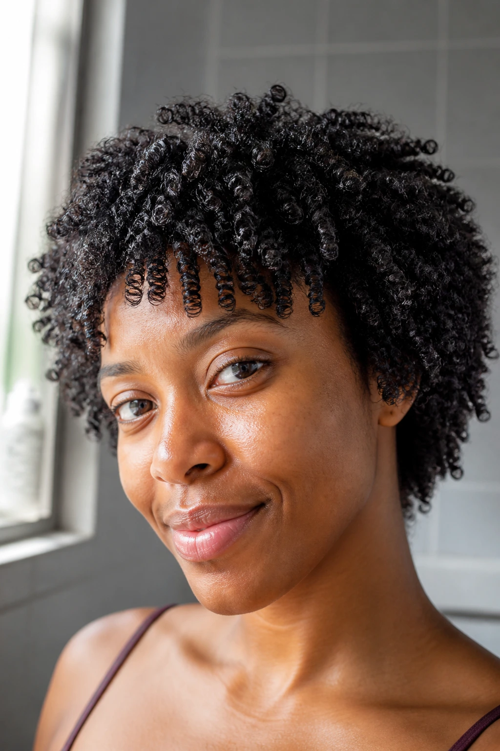 Close-up of a real woman with defined 4c wash-and-go curls in a bathroom under natural light