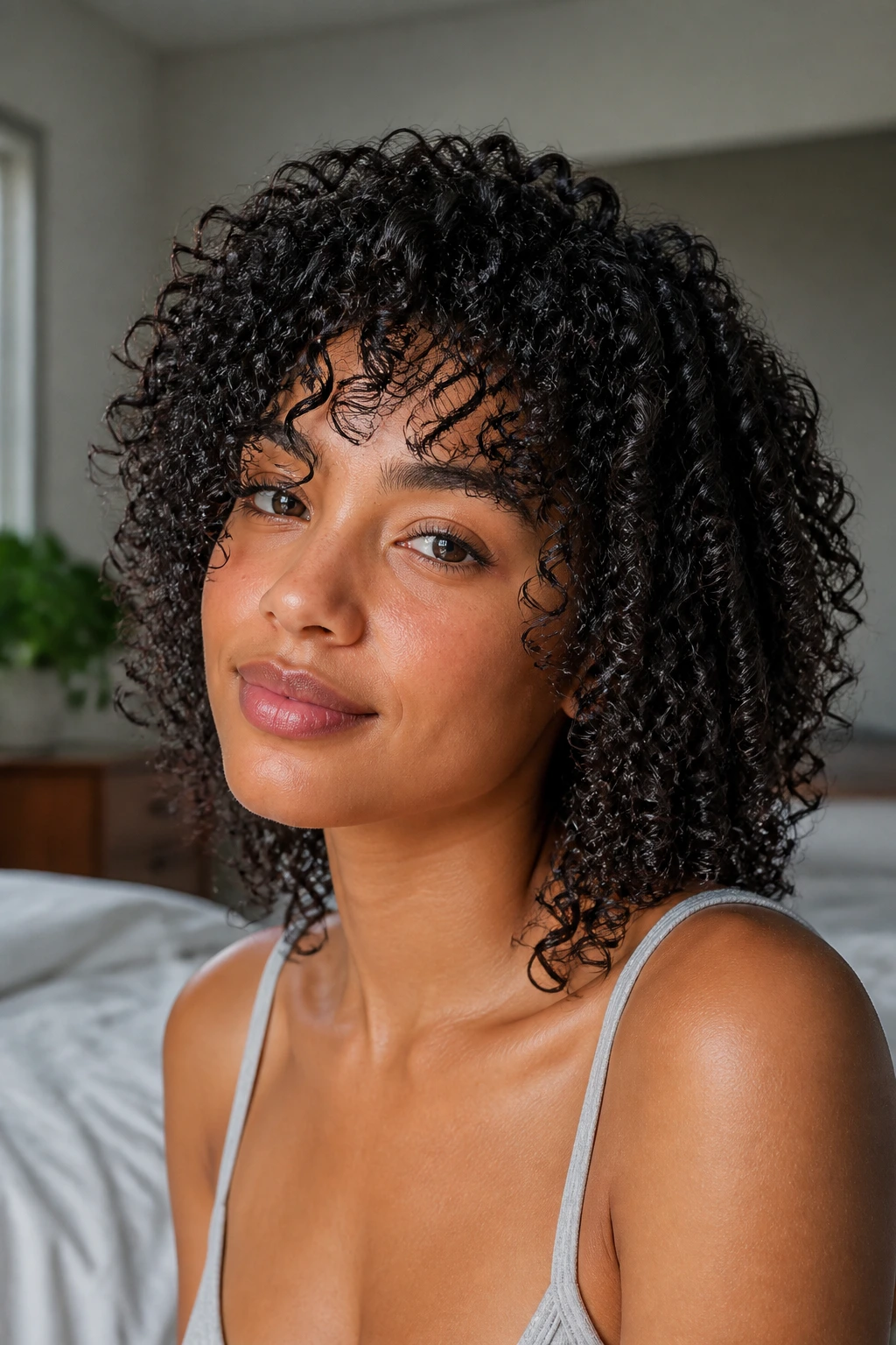 Close-up of a real woman with a wash-and-go curly hairstyle and defined curls