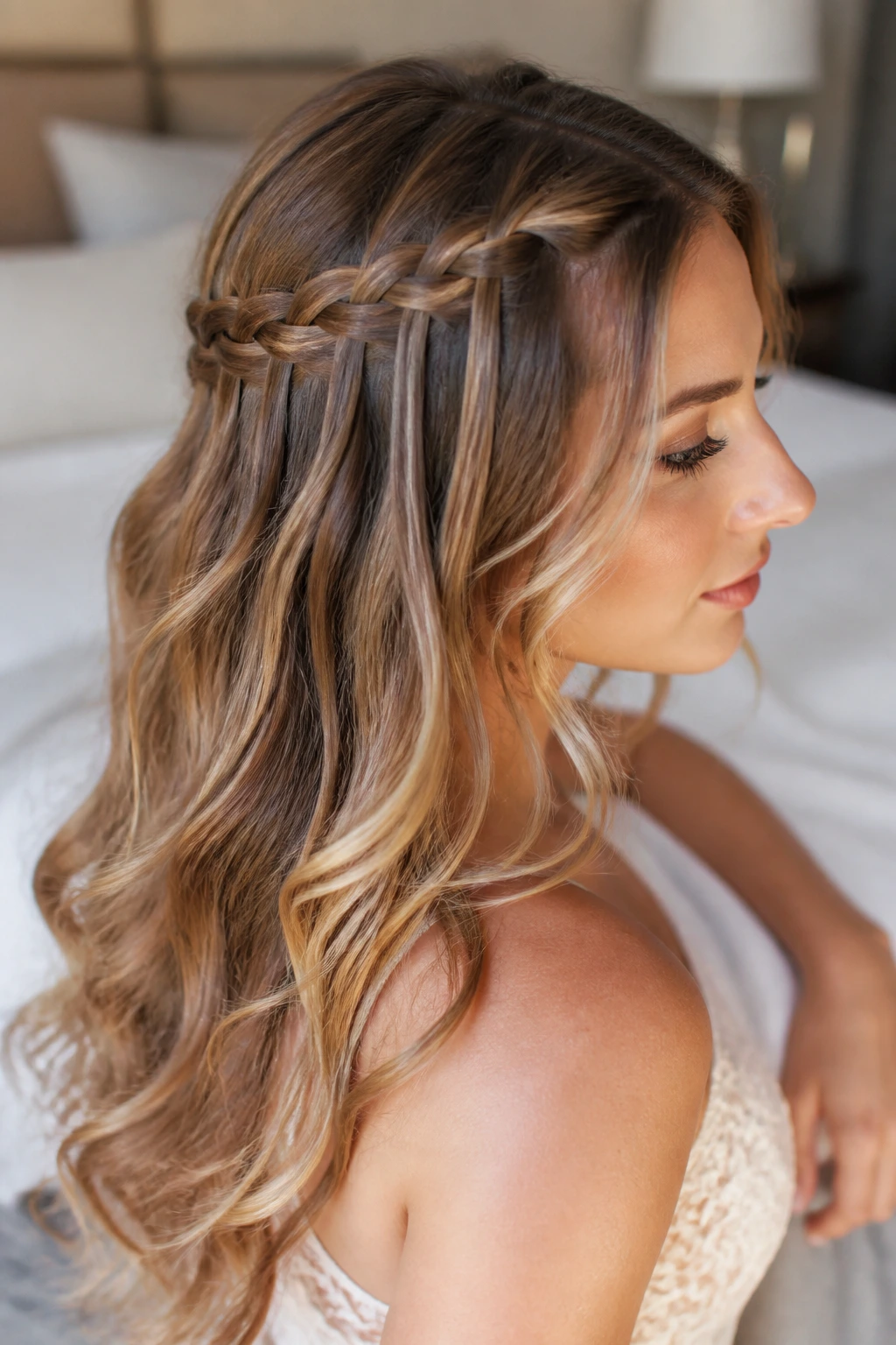Close-up of a real woman wearing a waterfall braid accent with cascading strands