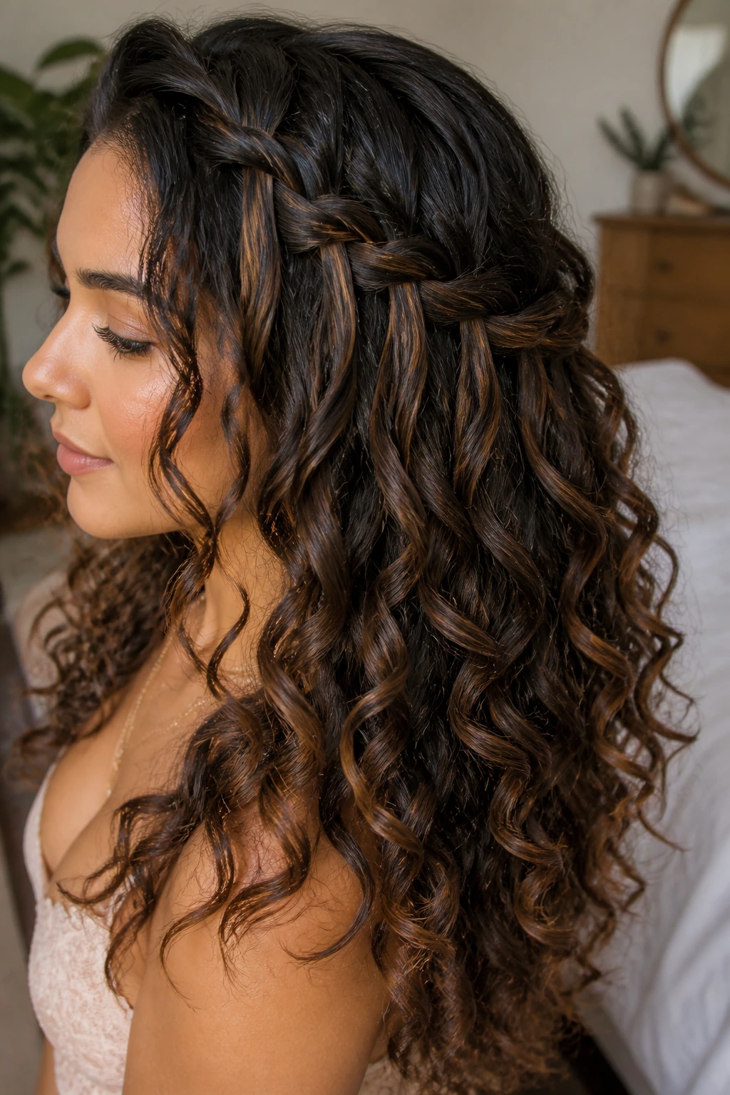 Close-up of a real person wearing a waterfall braid with cascading curls