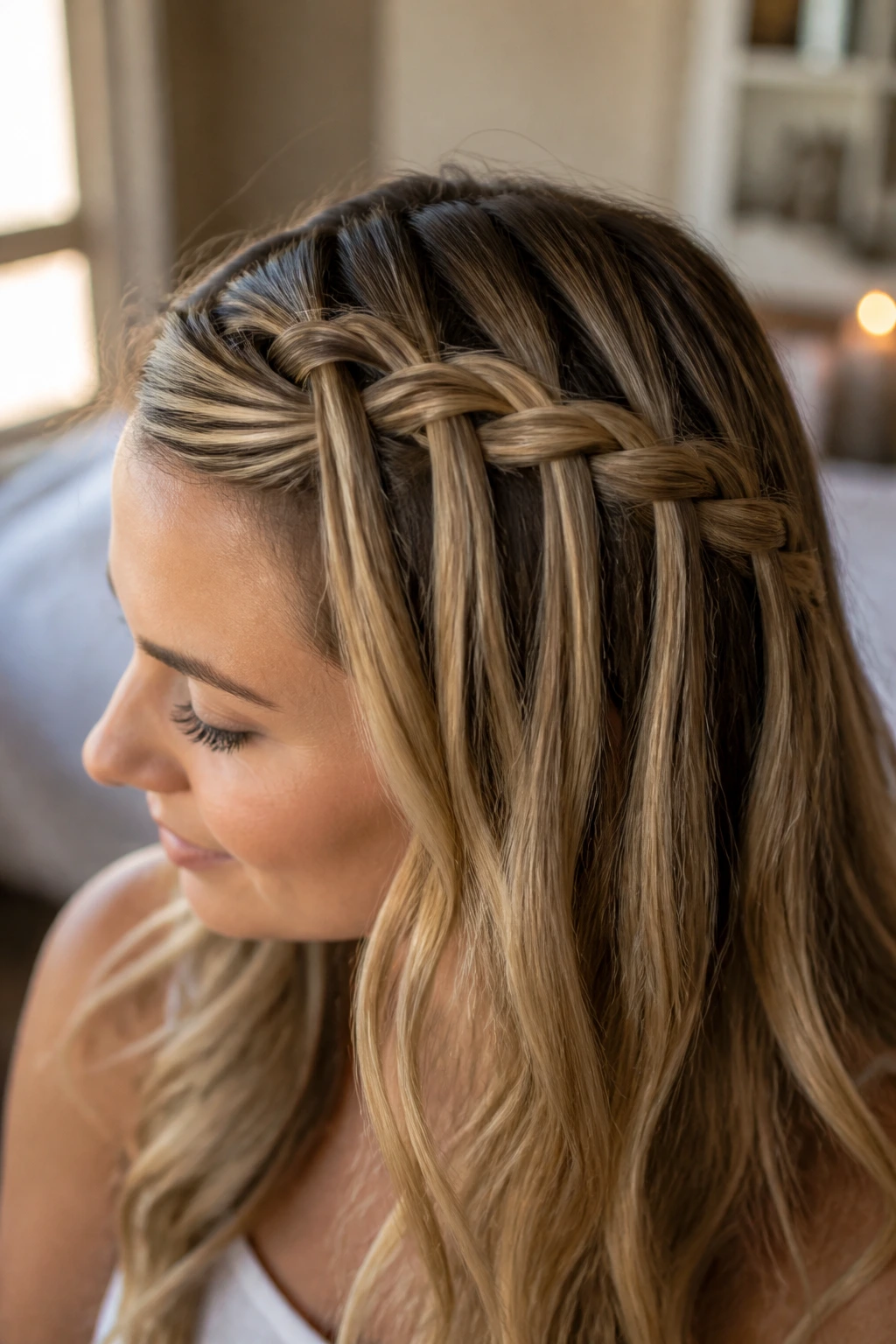 Close-up of a waterfall French braid on a real person
