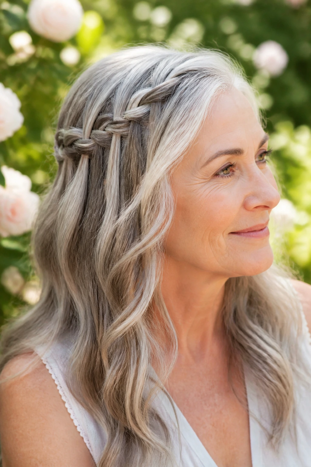 Close-up portrait of a real woman with a waterfall braid along the side