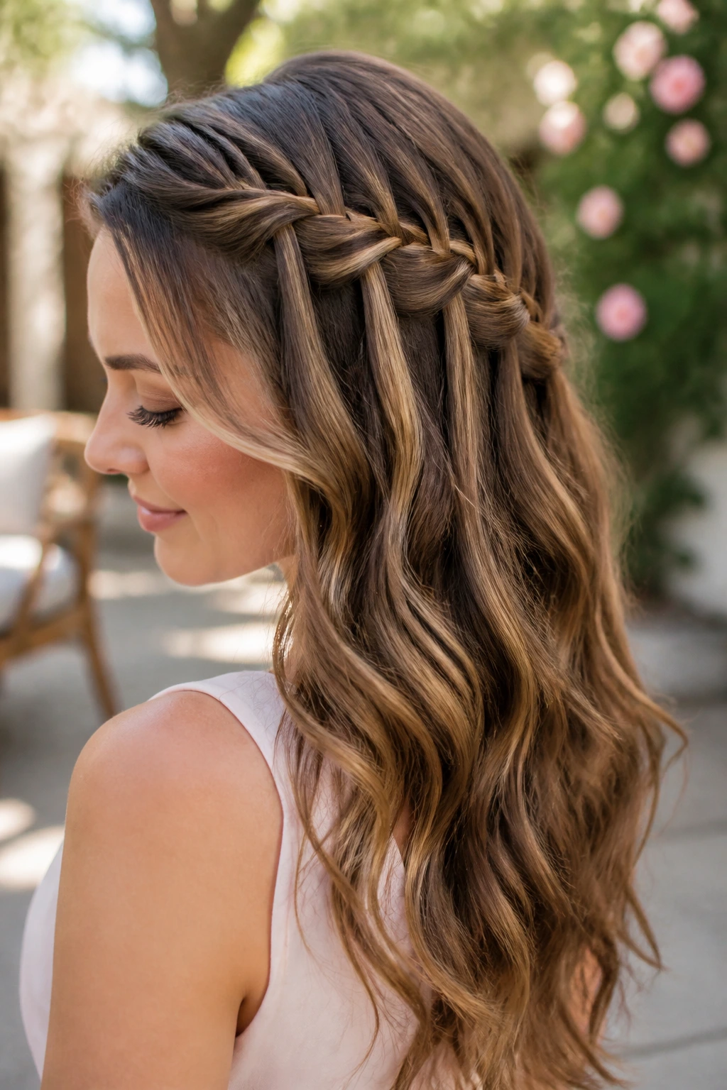 Woman with a waterfall braid in a garden setting