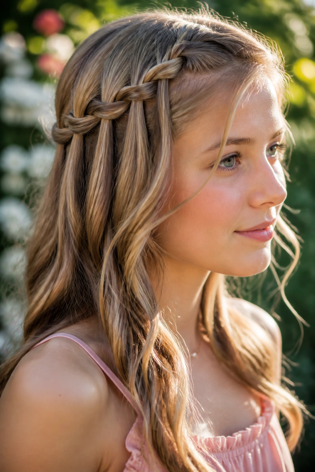 Teen girl with waterfall braid in sunlit garden.