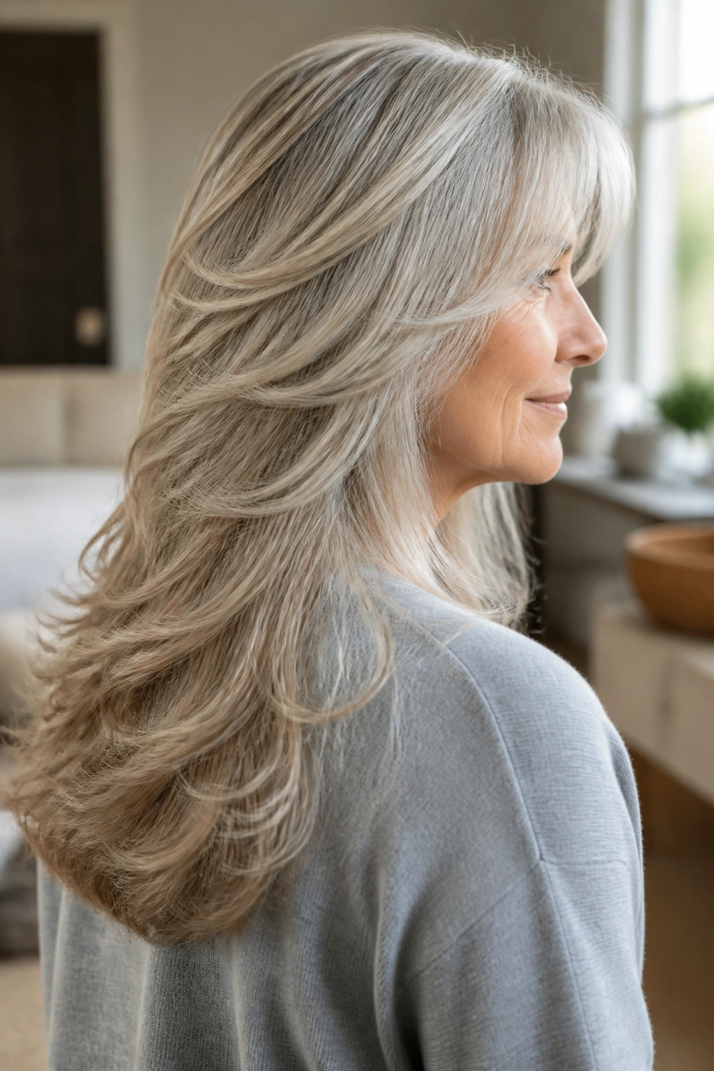 Close-up side profile of a real woman with a waterfall cut showing cascading layers