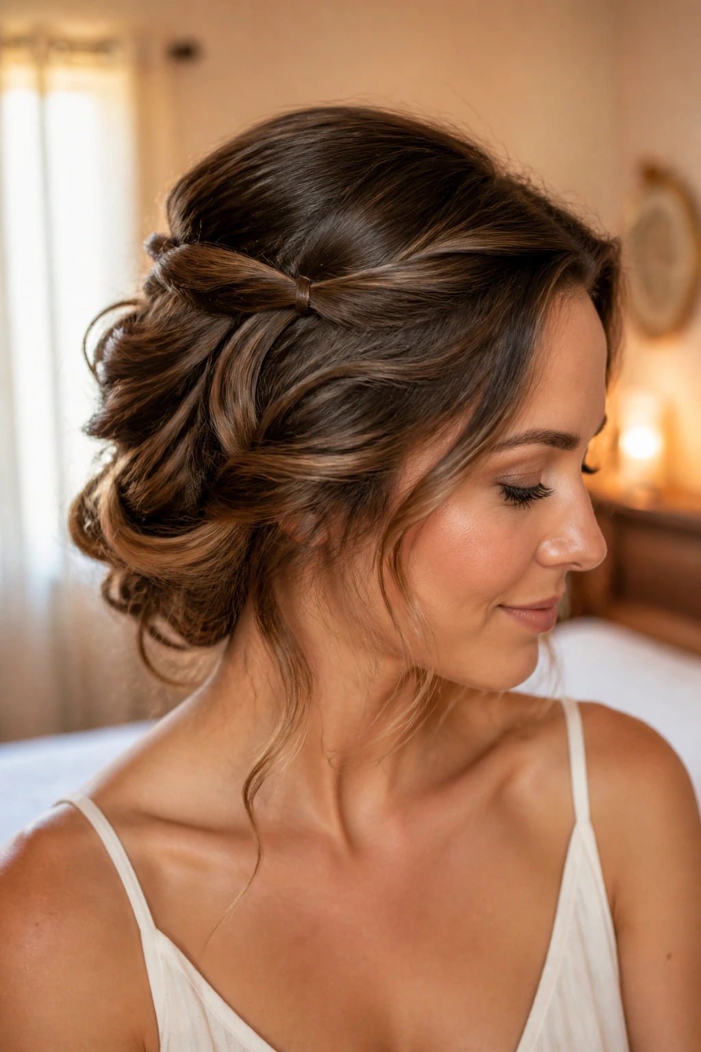 Close-up of a real woman with a romantic waterfall tuck and cascading tucked hair.