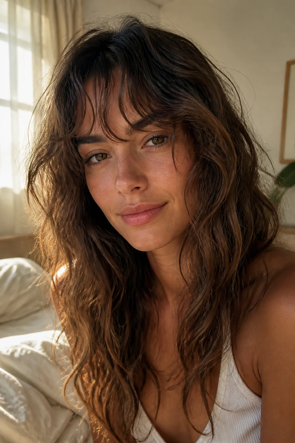 Close-up of a real woman with wavy beach fringe in warm bedroom light