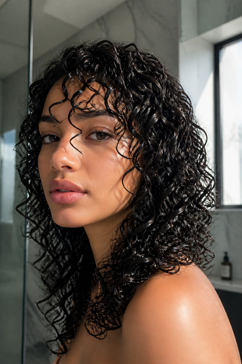 Close-up of a woman with glossy wet-look curls in a bright bathroom