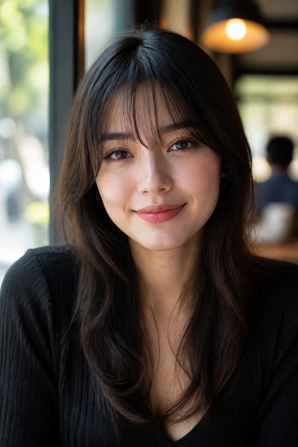 Close-up of a real person with see-through wispy bangs framing the forehead softly.