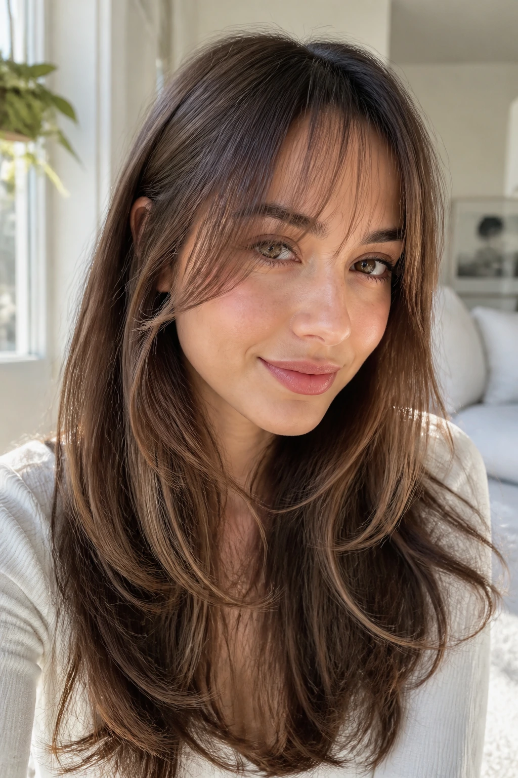 Close-up of a real woman with wispy curtain bangs and airy texture