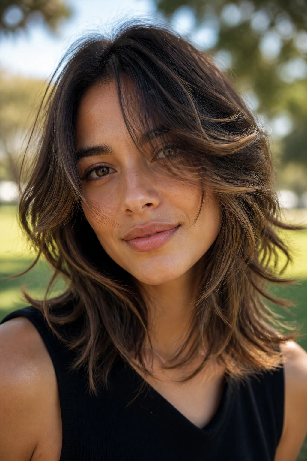 Portrait of a woman with wispy textured mid-length hair.