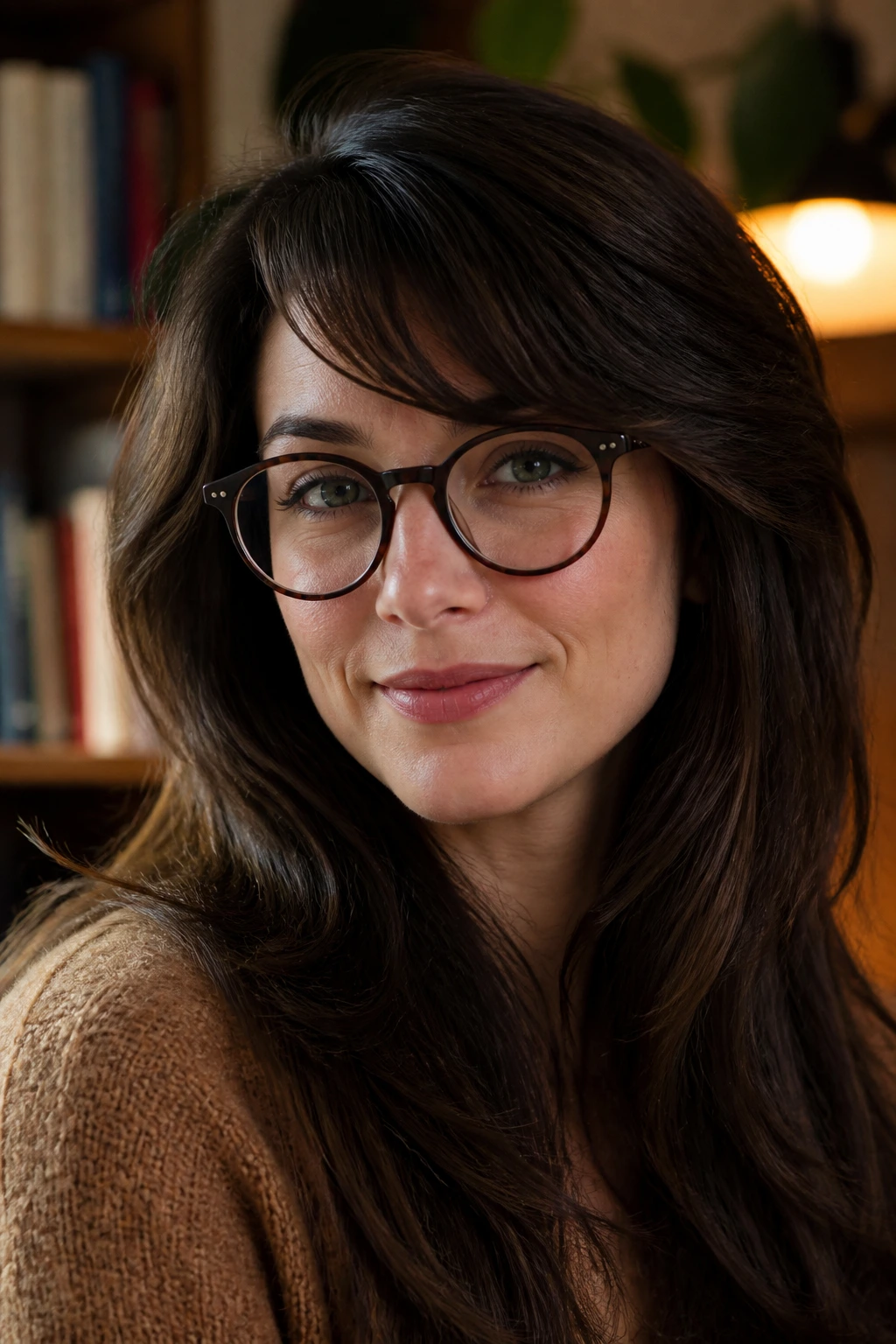 Portrait of a woman with wispy side fringe avoiding glasses frames