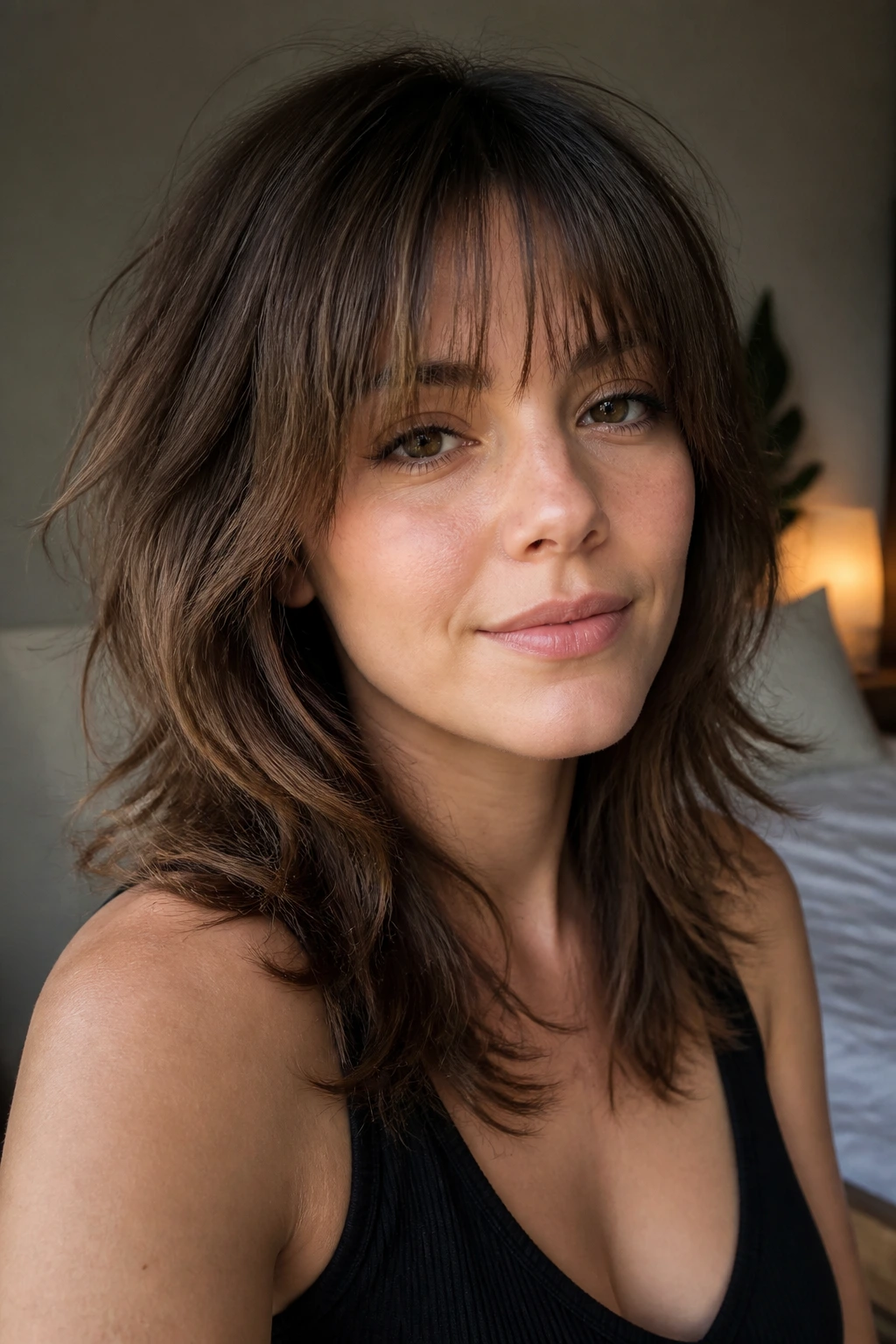 Close-up portrait of a real woman with wispy fringe shag and see-through bangs, natural window light