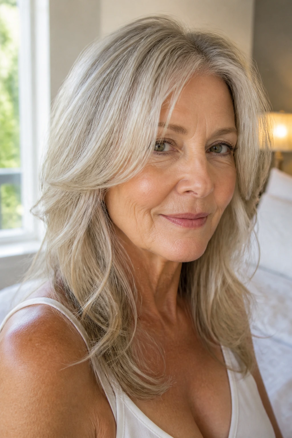 Close-up portrait of a real woman with wispy layers for thinning hair, soft framing around the face