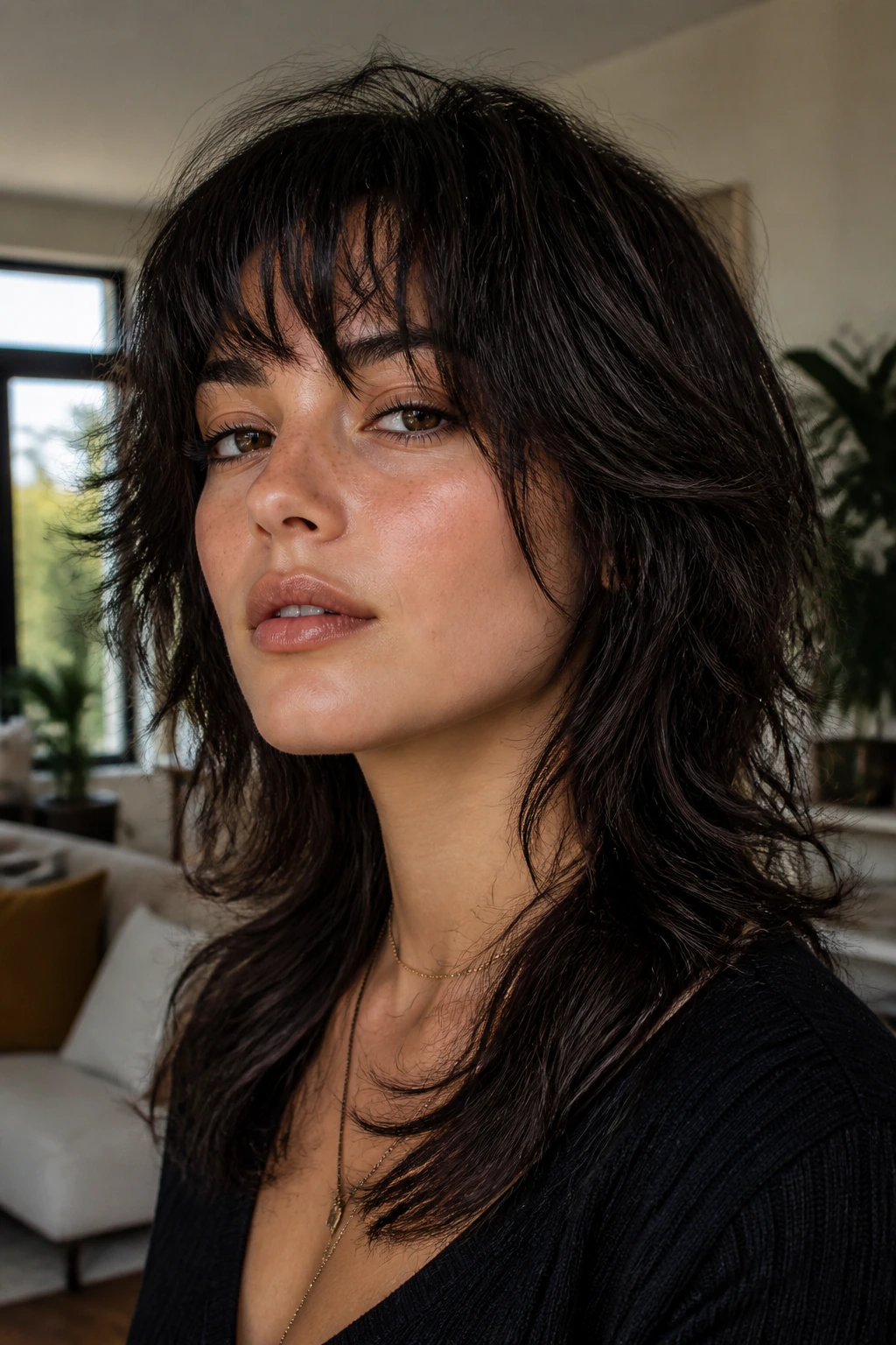 Close-up portrait showing wolf cut bangs on thick hair.