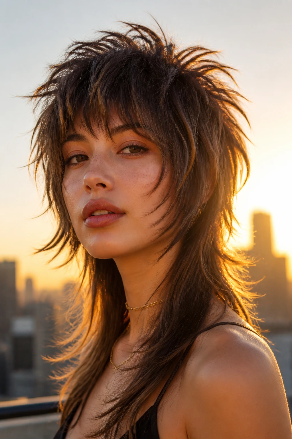 Close-up of a real woman with a modern wolf cut featuring a very short top and long wispy bottom.