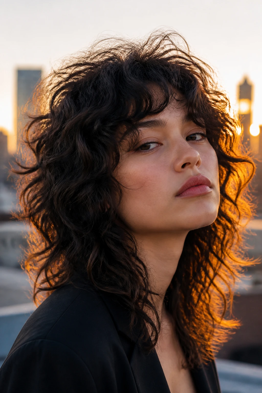 Portrait of a real woman with a modern wolf cut and voluminous curls.