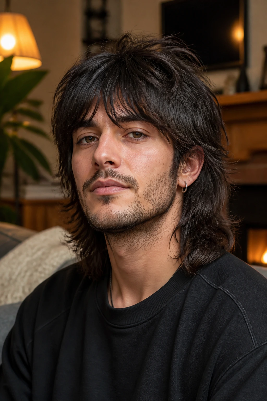 Portrait of a man with the Wolf cut hairstyle in a cozy interior