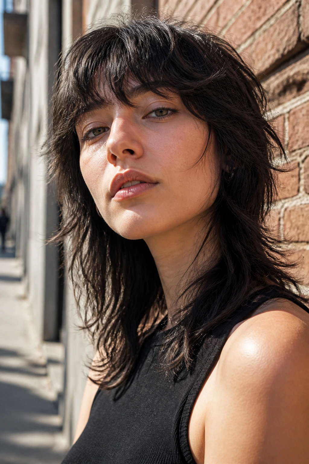 Medium close-up of a real person with a dramatic wolf cut showing volume and frayed ends