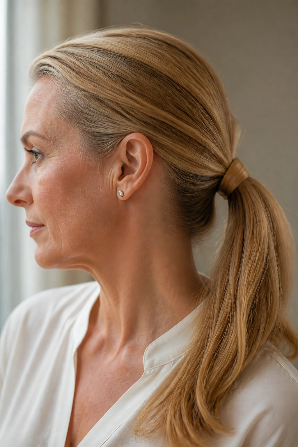 Close-up of real woman with wrapped ponytail around hair tie.