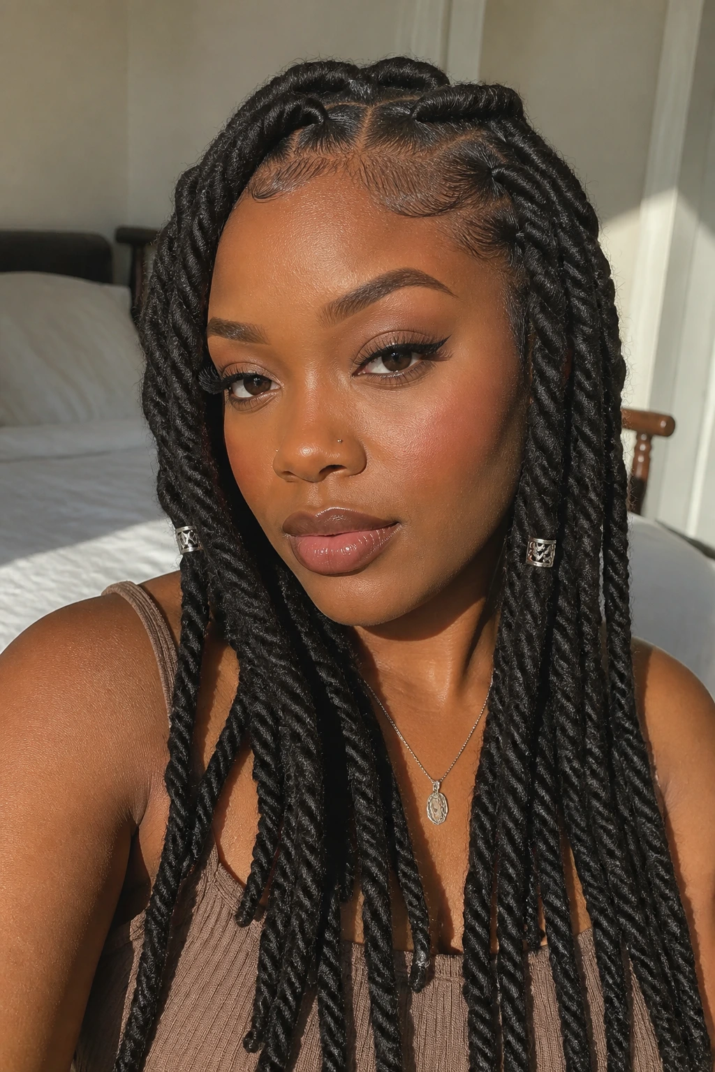 Close-up of a real woman with chunky yarn braids in earthy tones